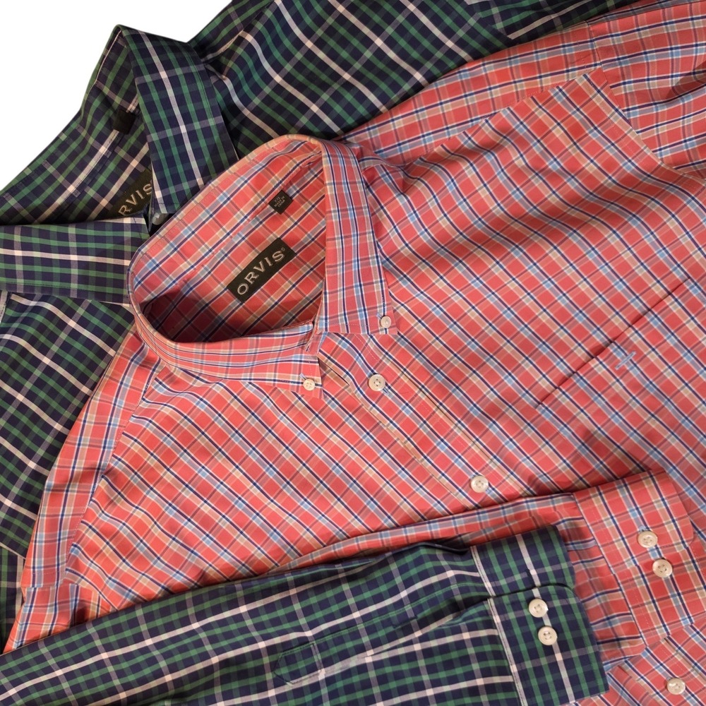 Orvis Mens XXL Plaid Button Down Shirt Lot of 2 Orange Green Long Sleeve Pockets